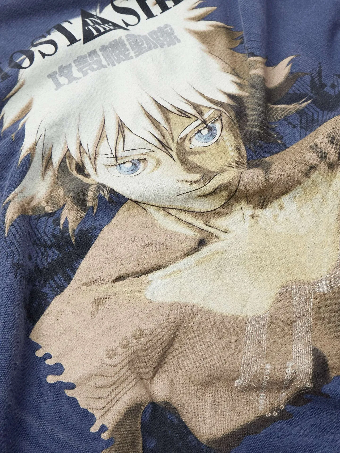 SAINT Mxxxxxx × Ghost in the Shell GS_SS TEE/GST IN THE SHELL/NVY Ghost in the Shell co-branded distressed short-sleeves White-haired plain character TEE Washed blue S-XL Look for the cylindrical fabric with no side seams. The open width is almost meaningless Asut ready-made garments dyed The whole piece is sprayed with horsetail. The collar and cuffs are faded. The collar and cuffs are frayed. Many hangings are worn. The oversized printing position restores the authenticity level. Customized joint main mark/wash mark/with little angel anti-counterfeiting mark